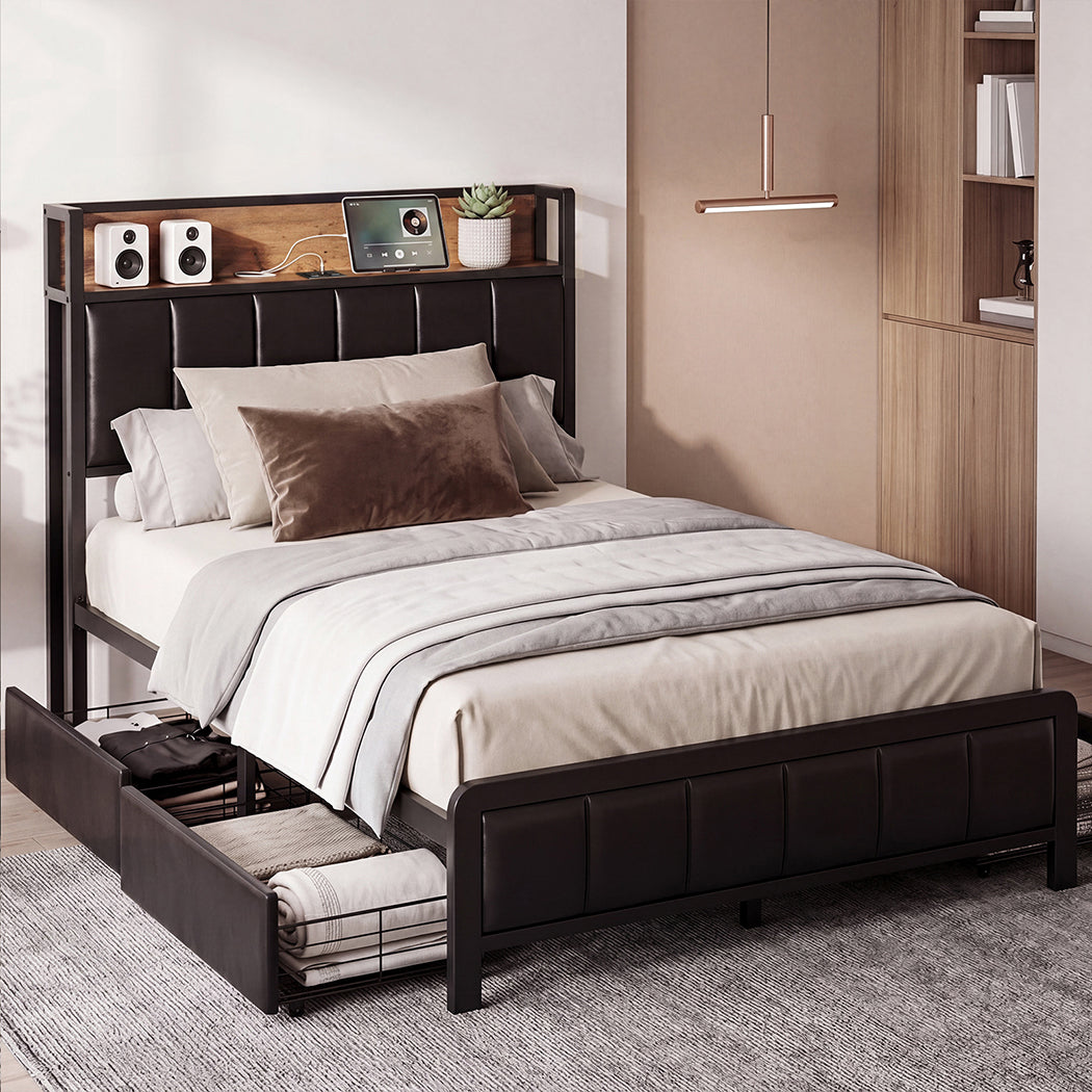 Levede Single Bed Frame PU Mattress Base Storage Drawer Headboard USB Charge