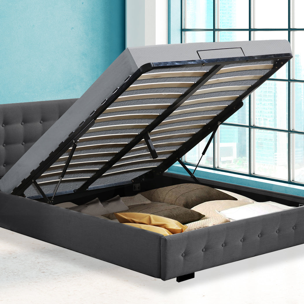 Levede Gas Lift Bed Frame Fabric Base Double Dark Grey