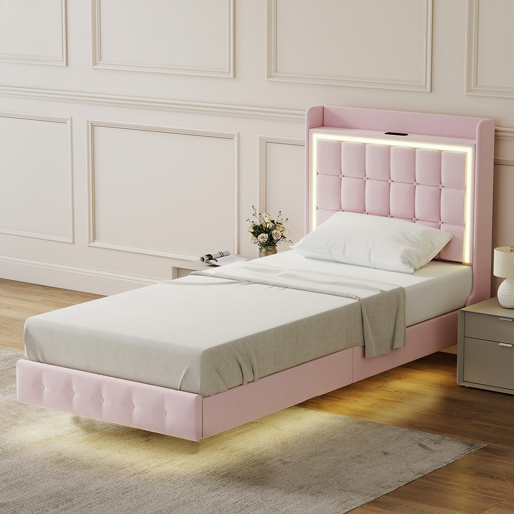 Levede Single Floating Bed Frame LED Headboard USB Pink
