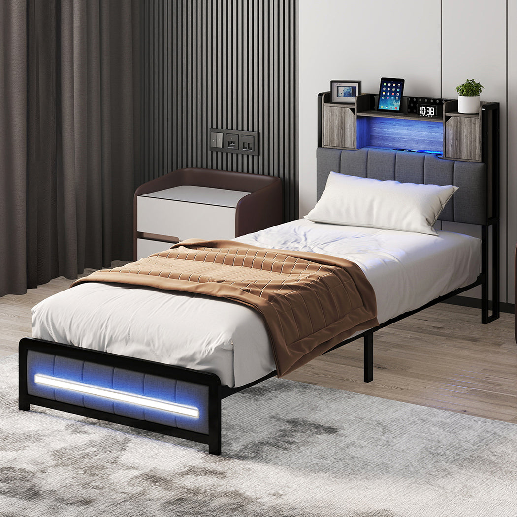 Levede Single Bed Frame with Storage Headboard RGB LED
