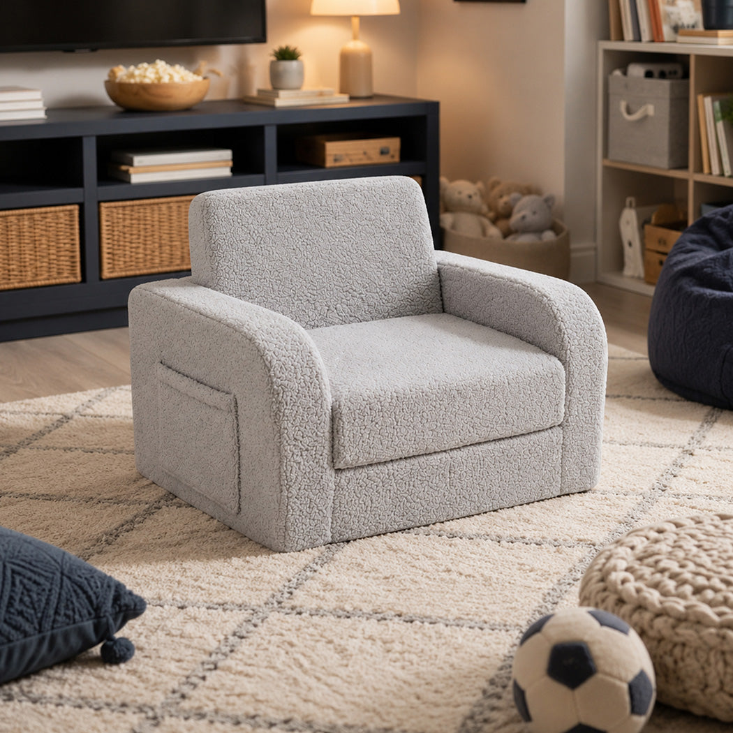 BoPeep Kids Sofa 3-In-1 Fold Out Toddler Chair Teddy Plush for Napping Gray