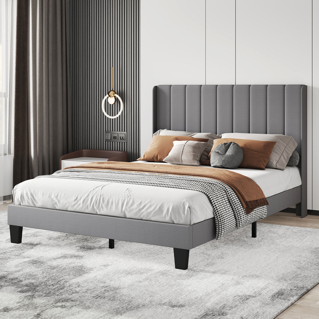 Levede Metal Wooden Bed Frame Queen Panel Plush Upholstered Soft Headboard Grey
