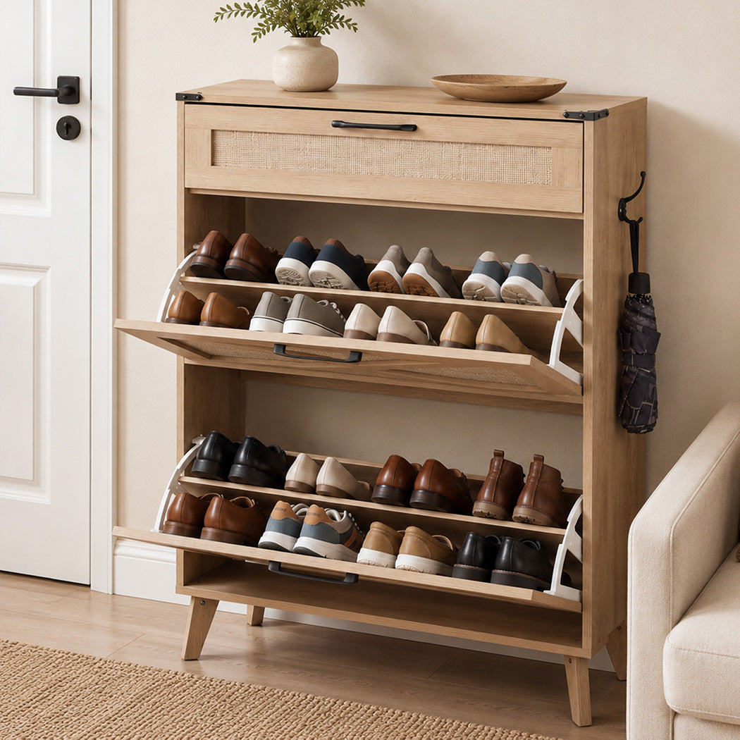 Levede Shoe Cabinet Shoe Storage Slim with 2 Flip Drawers Entryway Light Brown