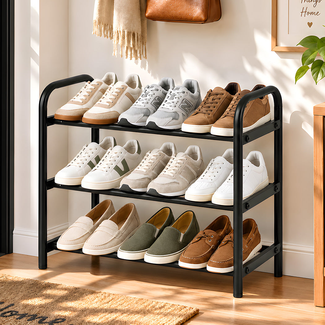 Levede Shoe Rack Expandable Metal Stand Storage Shelf 3 Tier Entryway Black