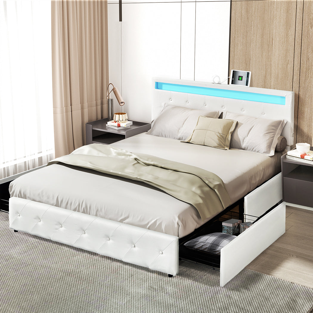 Levede Double Bed Frame RGB LED PU 4 Drawer USB