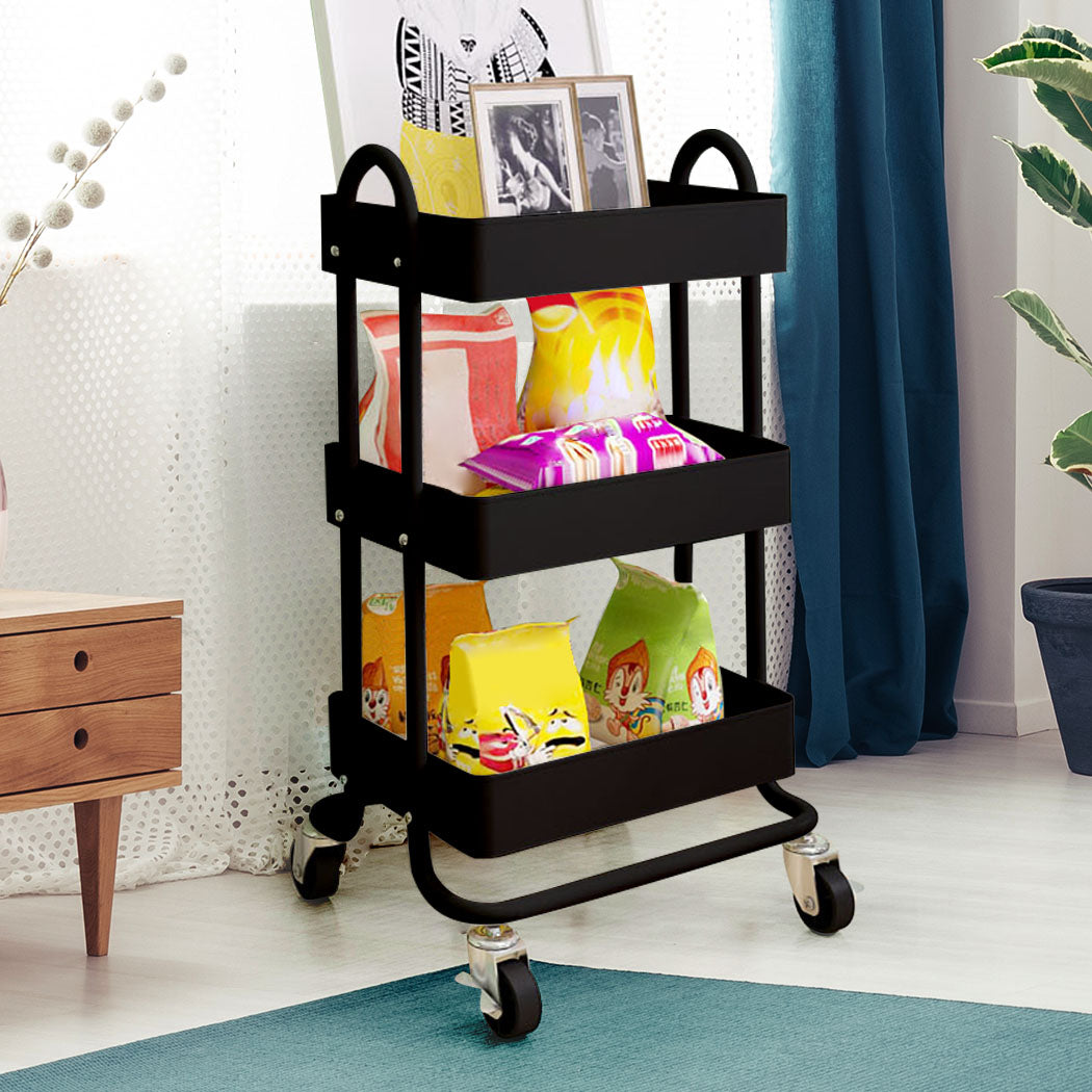 Levede 3 Tiers Kitchen Trolley Cart Black