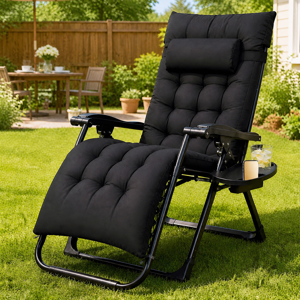Levede Zero Gravity Chair Lounge Lockable Outdoor Recline Cushion Tray Black