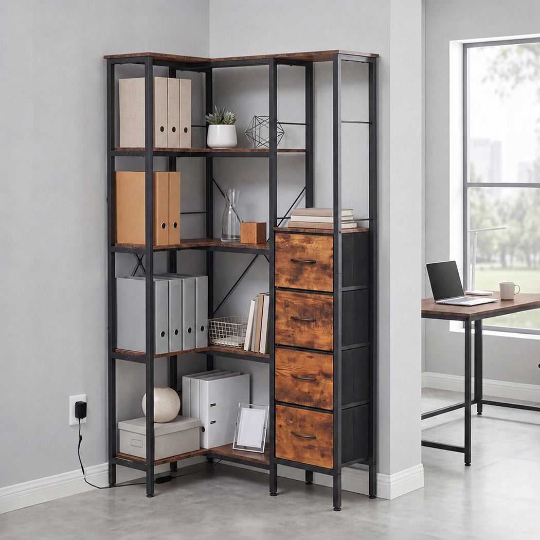 Levede Corner Bookshelf with 4 Fabric Drawers & LED Light 5 Tier Bedroom Rustic