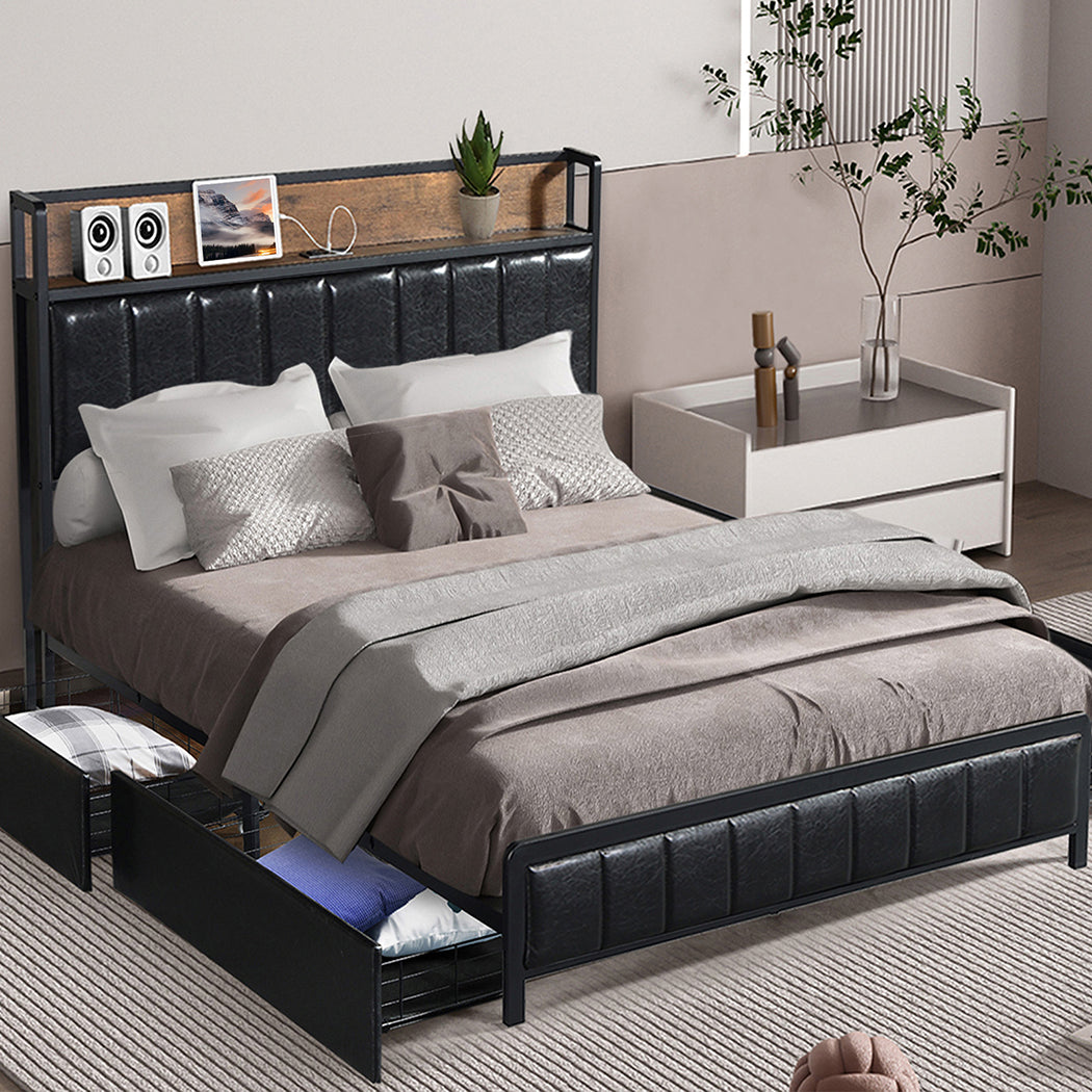 Levede Double Bed Frame PU Mattress Base Storage Drawer Headboard USB Charge