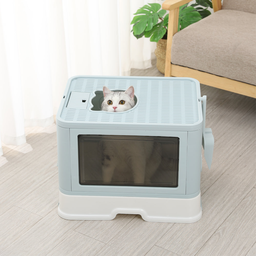 PaWz Foldable Cat Litter Box Tray Enclosed Blue