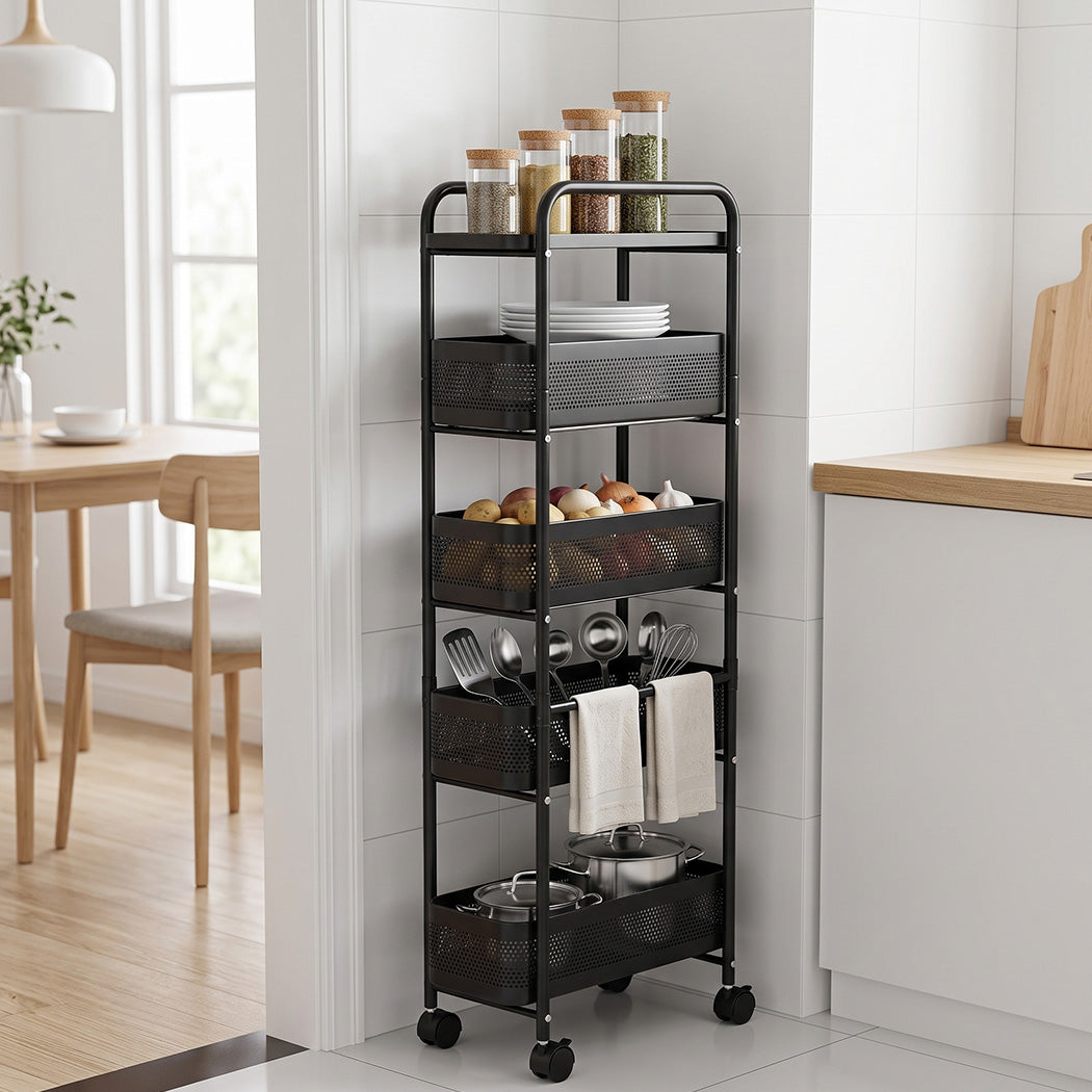 Levede 5 Tier Storage Trolley Slim With Pull Out Drawers For Home Kitchen Black
