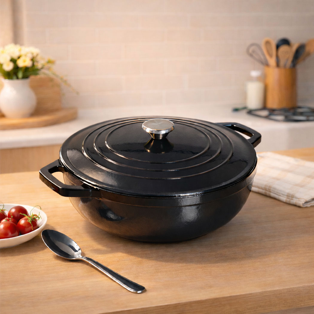 TOQUE Cast Iron Pot Dutch Oven Enameled Slow Cooking Bakeware Even Heat Black