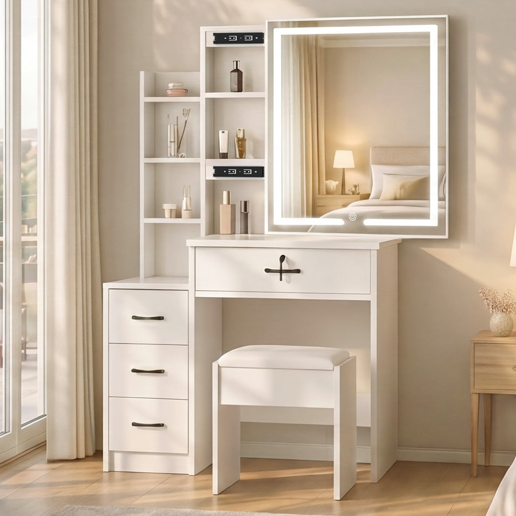 Levede Dressing Table Vanity Stool Set Sliding LED Mirror Makeup Storage Shelves White