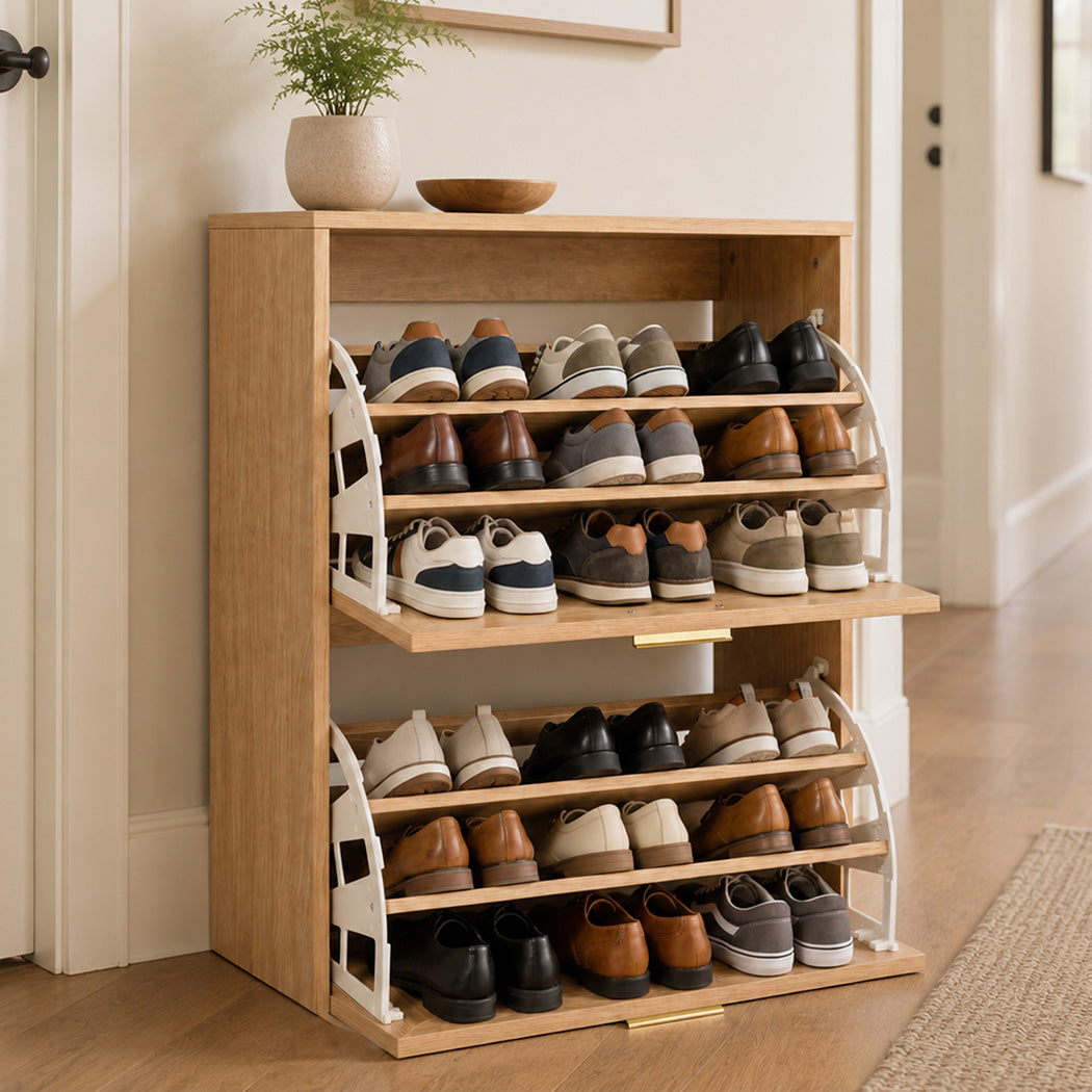 Levede Shoe Cabinet Flip Door Shoe Storage Cabinet Rattan Entryway Organizer Oak
