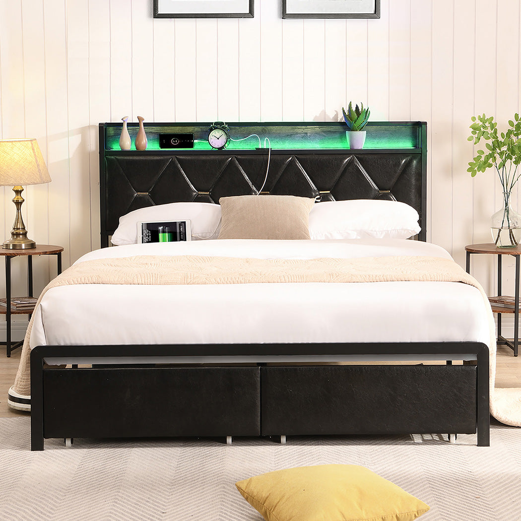 Levede King Bed Frame Leather Headboard RGB 2 Drawers