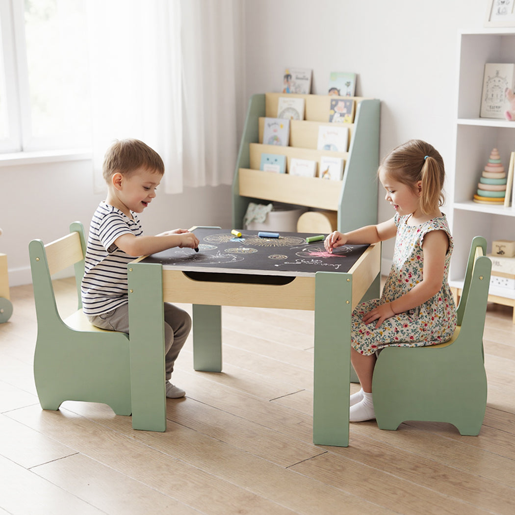 Levede Kids Table and Chairs Set 3-in-1 Chalkboard Storage Learning Dining Desk