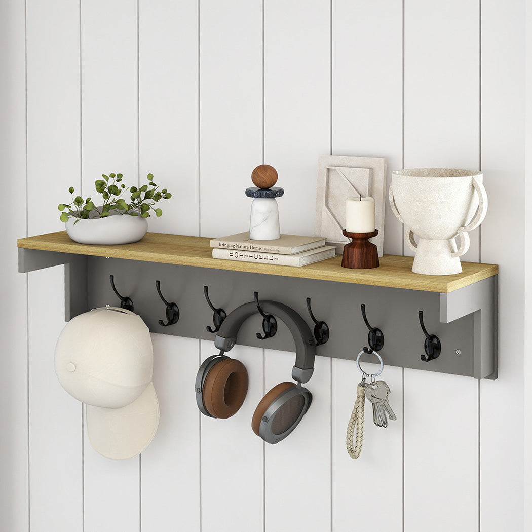 Levede Coat Rack Wall Mounted Shelf 7 Double Hooks Storage Entryway Hallway Grey