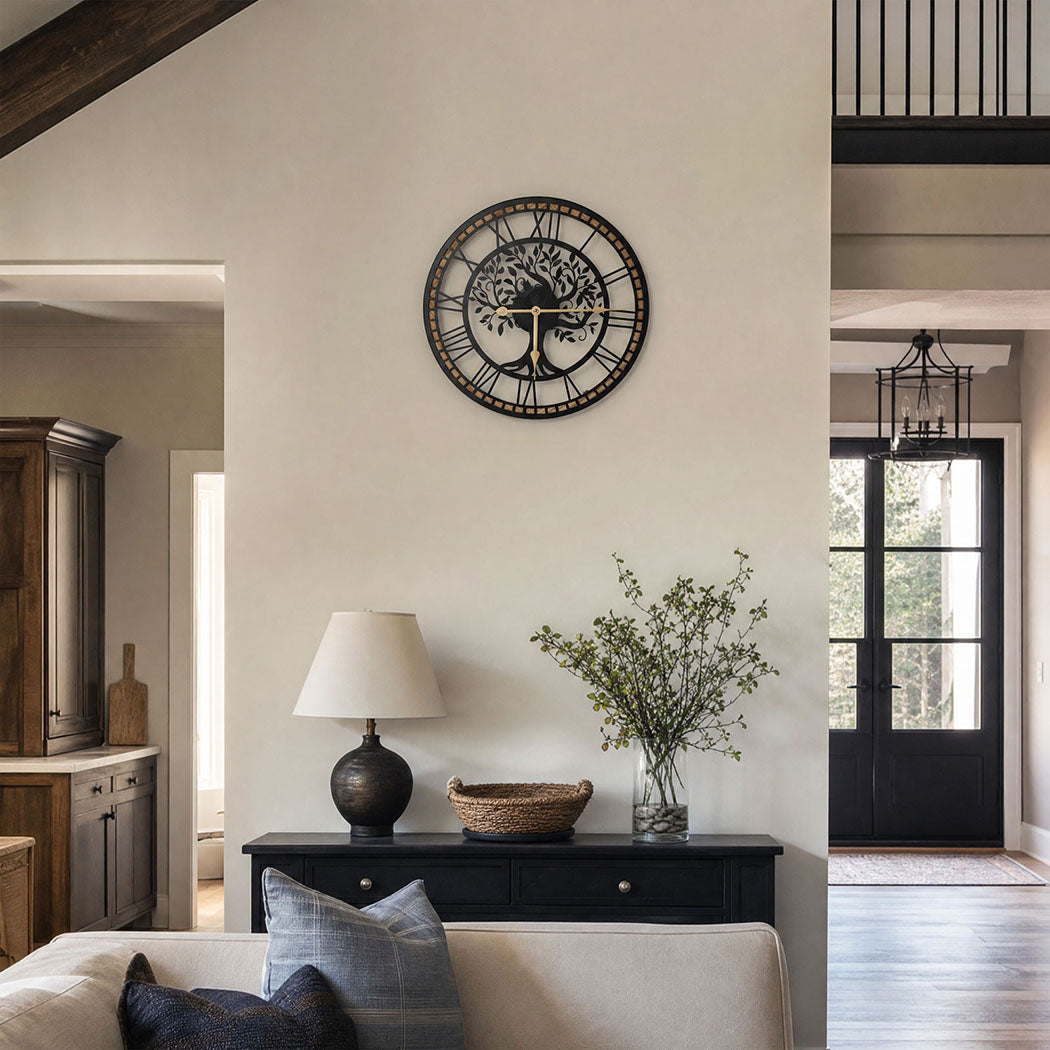 Yezi Wall Clock 40cm Vintage Tree Design Silent Quartz Iron Wood Black