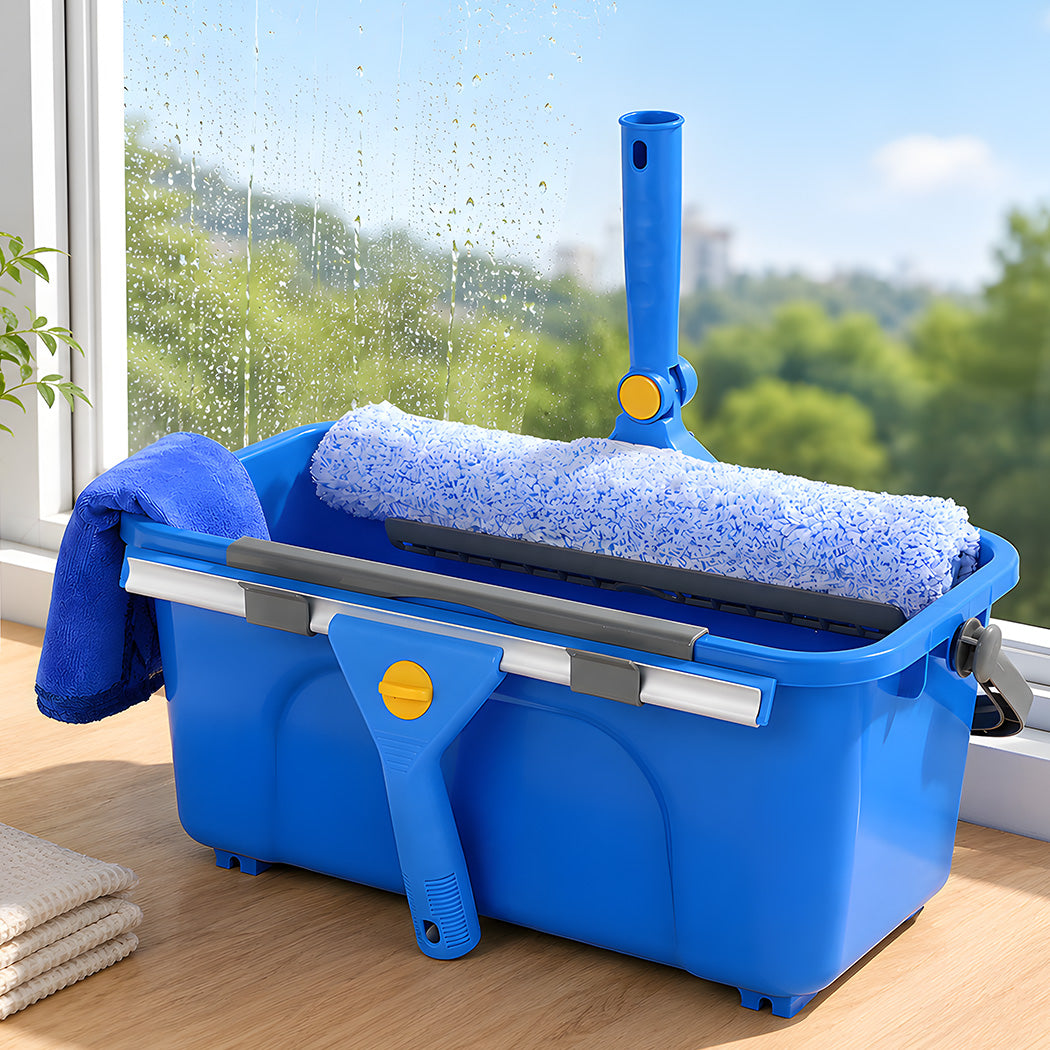 Traderight Window Cleaning Kit With Extendable Pole and Squeegee for Home Blue