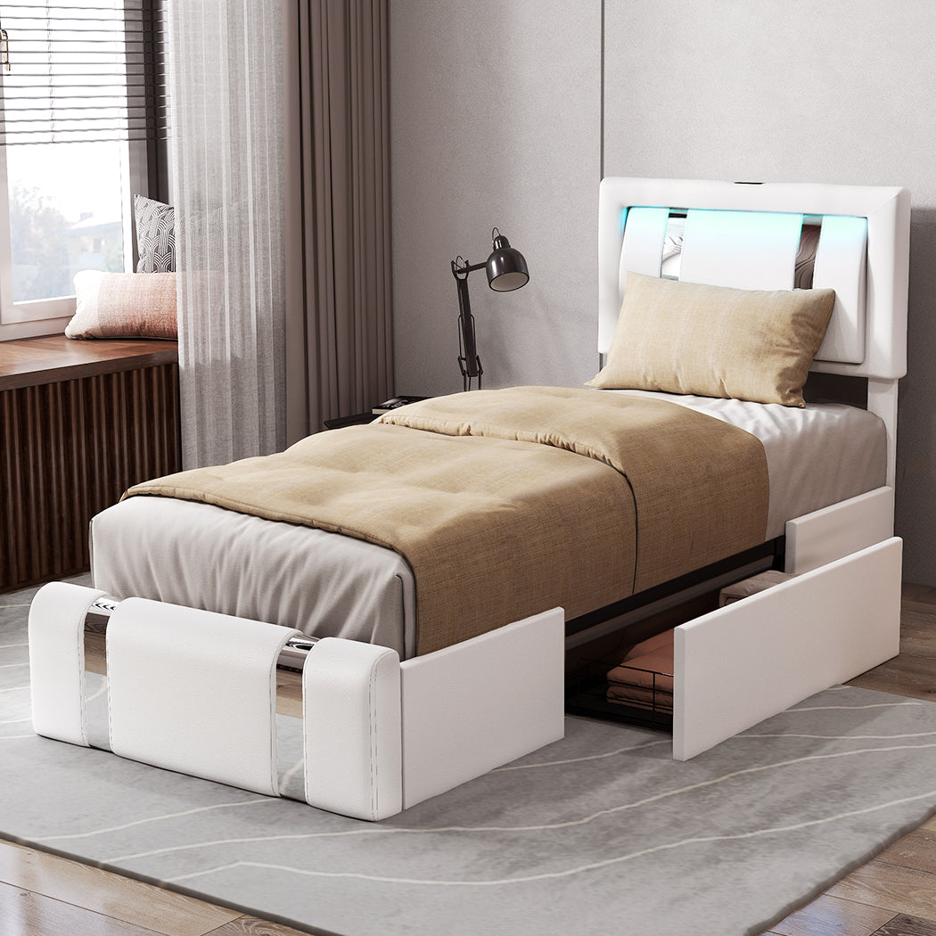 Levede Single Bed Frame Leather Headboard RGB 2 Drawers