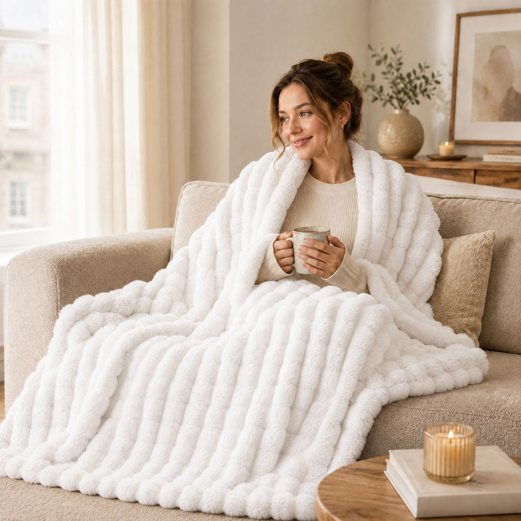 DreamZ Throw Blanket Fluffy Bubble Sofa Blanket Washable 200x240cm White