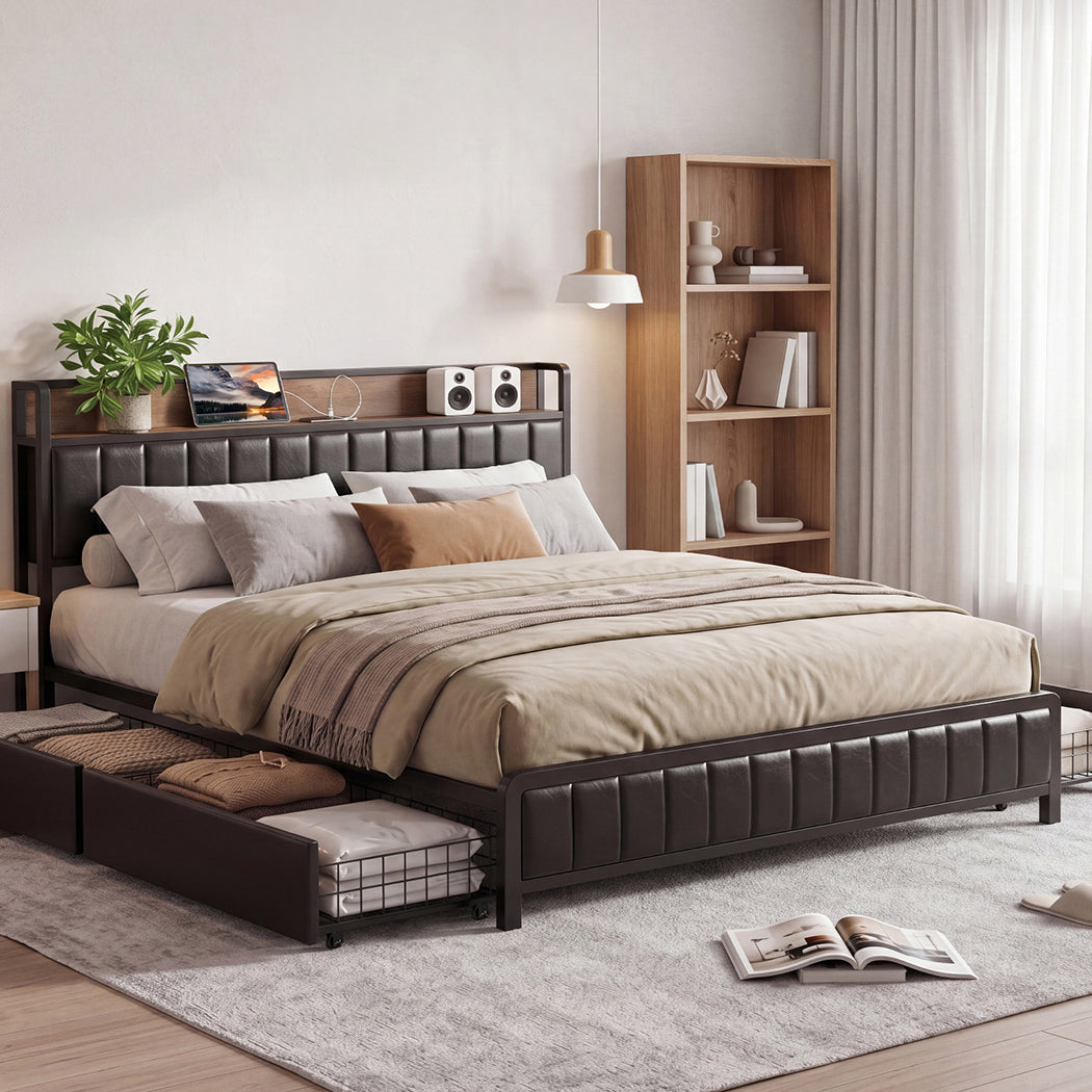 Levede King Bed Frame PU Mattress Base Storage Drawer Headboard USB Charge