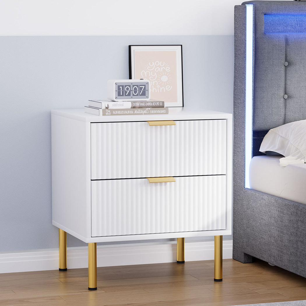Levede Bedside Table with 2 Drawers White Metal Legs