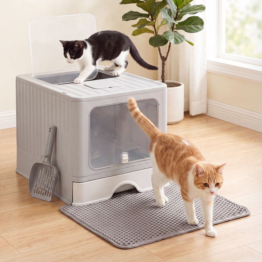 PaWz Cat Litter Box Stainless Steel Enclosed Drawer Odor Control Foldable Grey