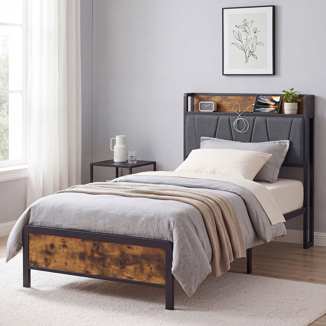 Levede Single Bed Frame Industrial Tufted Soft Storage Headboard USB Charge
