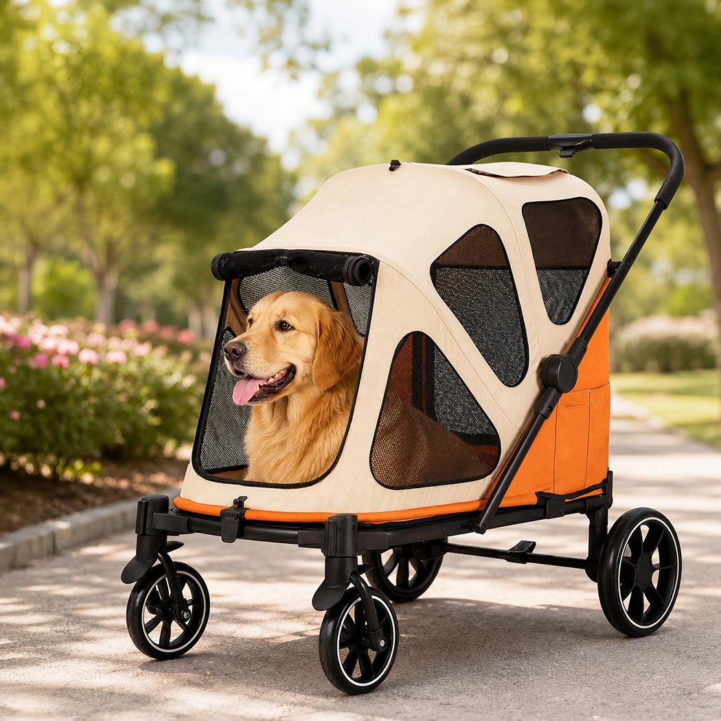 PaWz Dog Stroller Pet Pram Foldable Mesh Ventilated Seat Safety Leash Orange