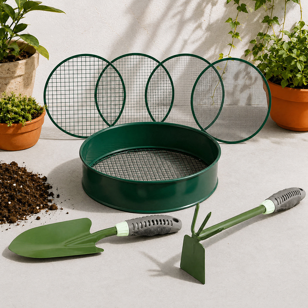 Garden Sieve Soil Sifter Set Metal 4 Mesh Inserts Shovel Hoe for Pots Green