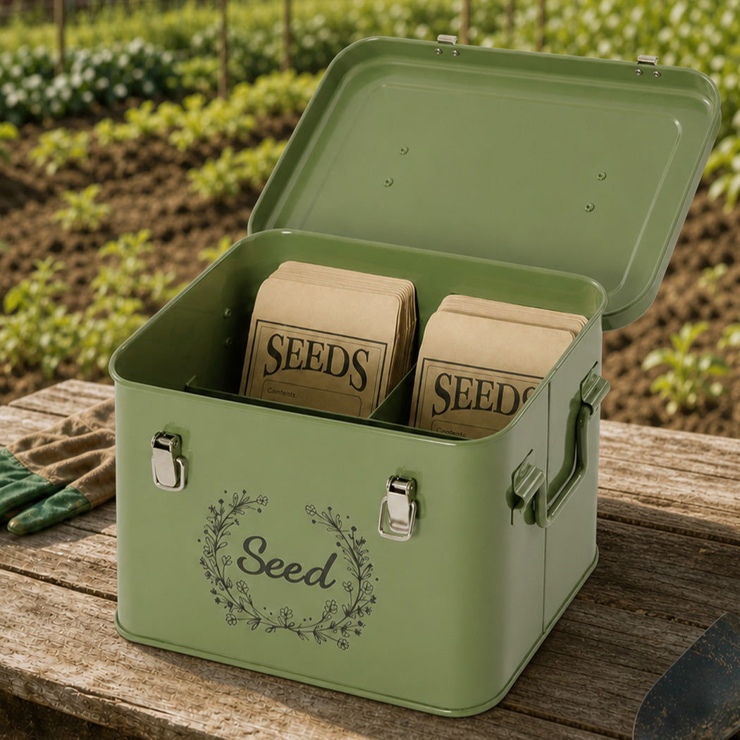 Toque Seed Storage Box Seed Organiser with 3 Compartments Metal Dark Green