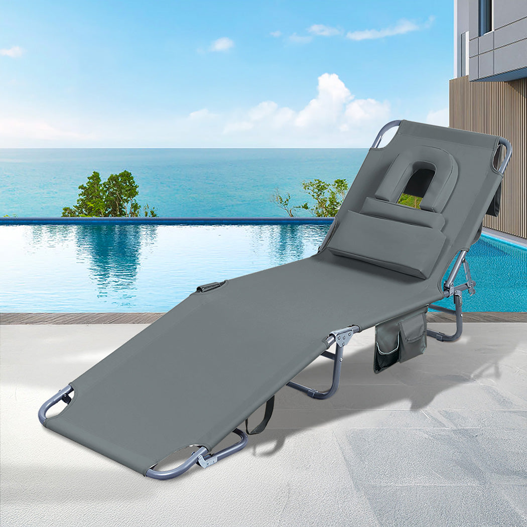Levede Foldable Beach Lounge Chairs with Face Hole Grey