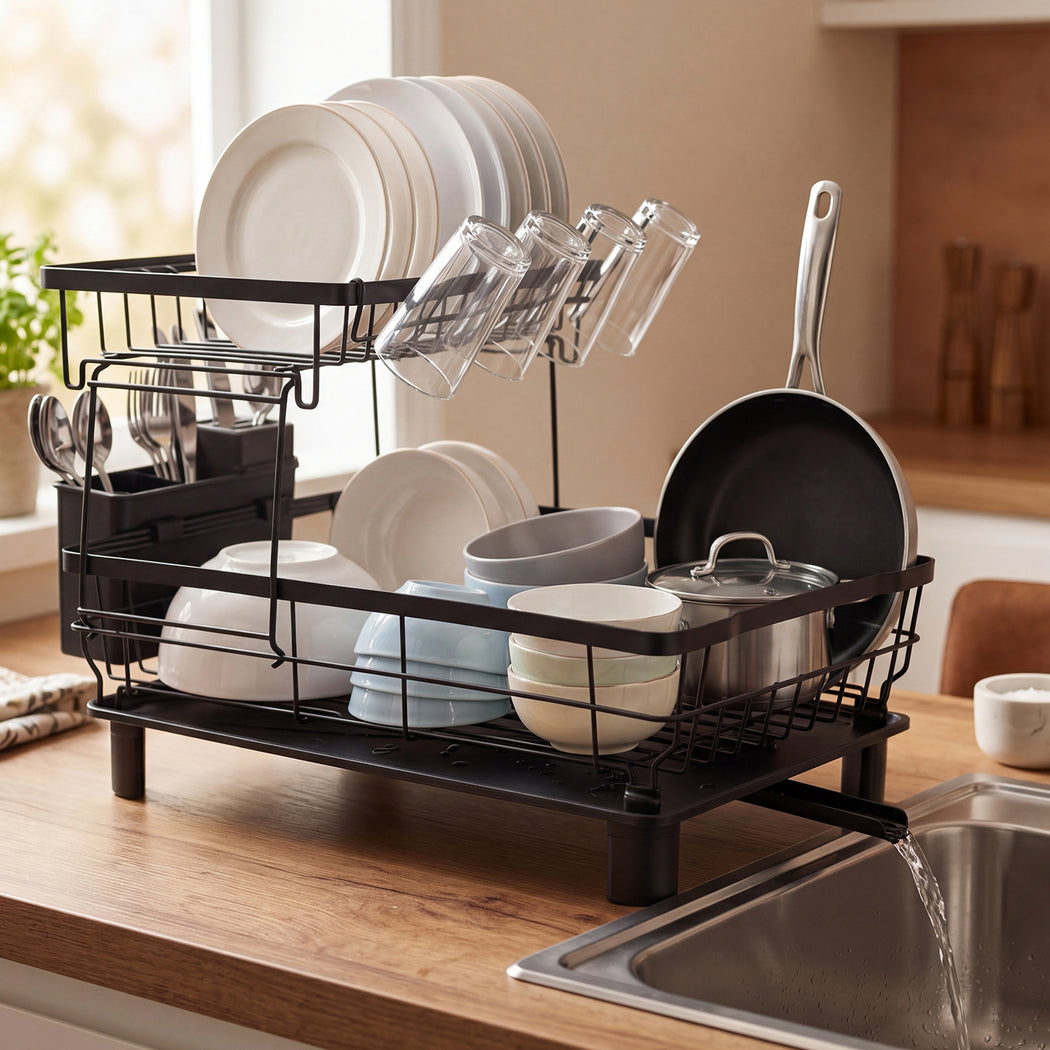 Toque 2 Tier Drying Rack Kitchen Organizer Storage Plate Drainer Cutlery Holder