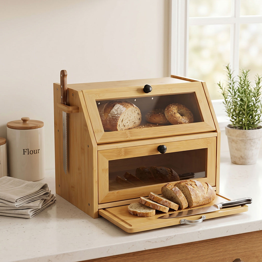 Toque Bread Box Bread Bin Double Layer Bamboo Bread Storage with Window Natural