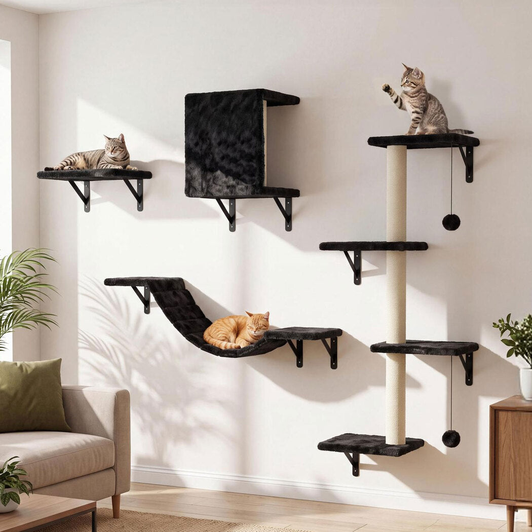 PaWz Cat Wall Shelves set 4 In 1 Modular with Sisal Scratcher for Indoor Black