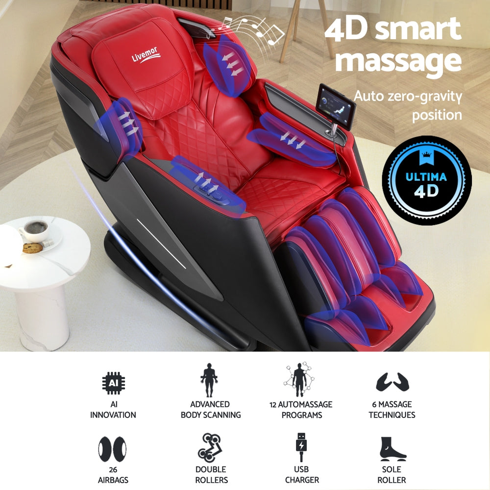 Massage Chair Recliner 4D Home Massager - Red