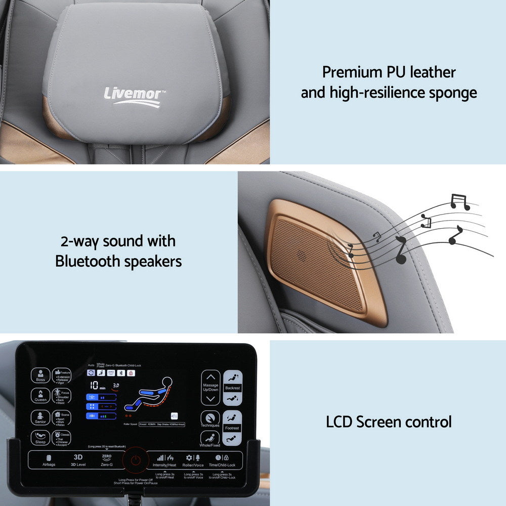 Livemor 4D Massage Chair Electric Recliner Double Core Mechanism Massager ROWA White