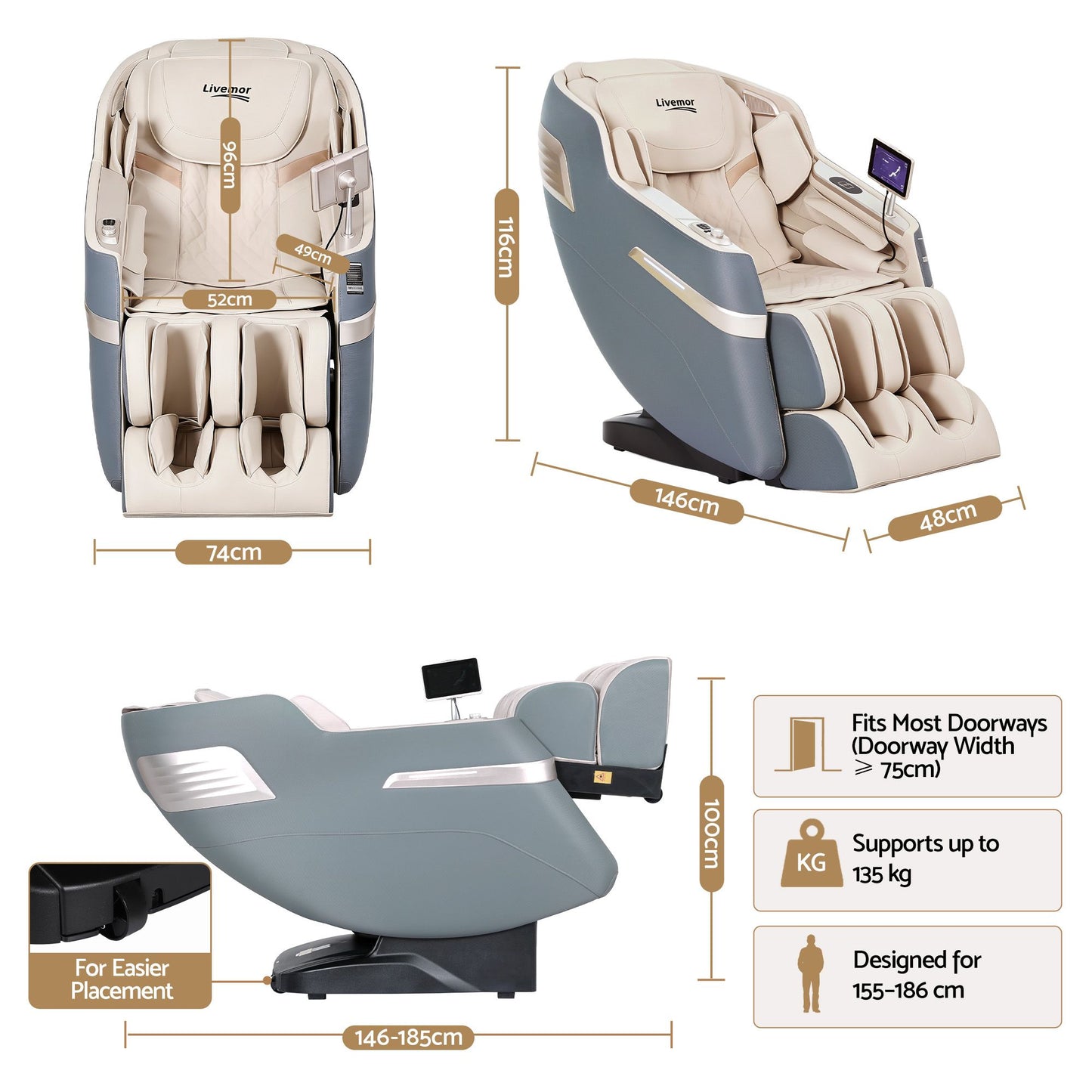 Livemor 4D Massage Chair Electric Recliner Home Massager Gray Sina
