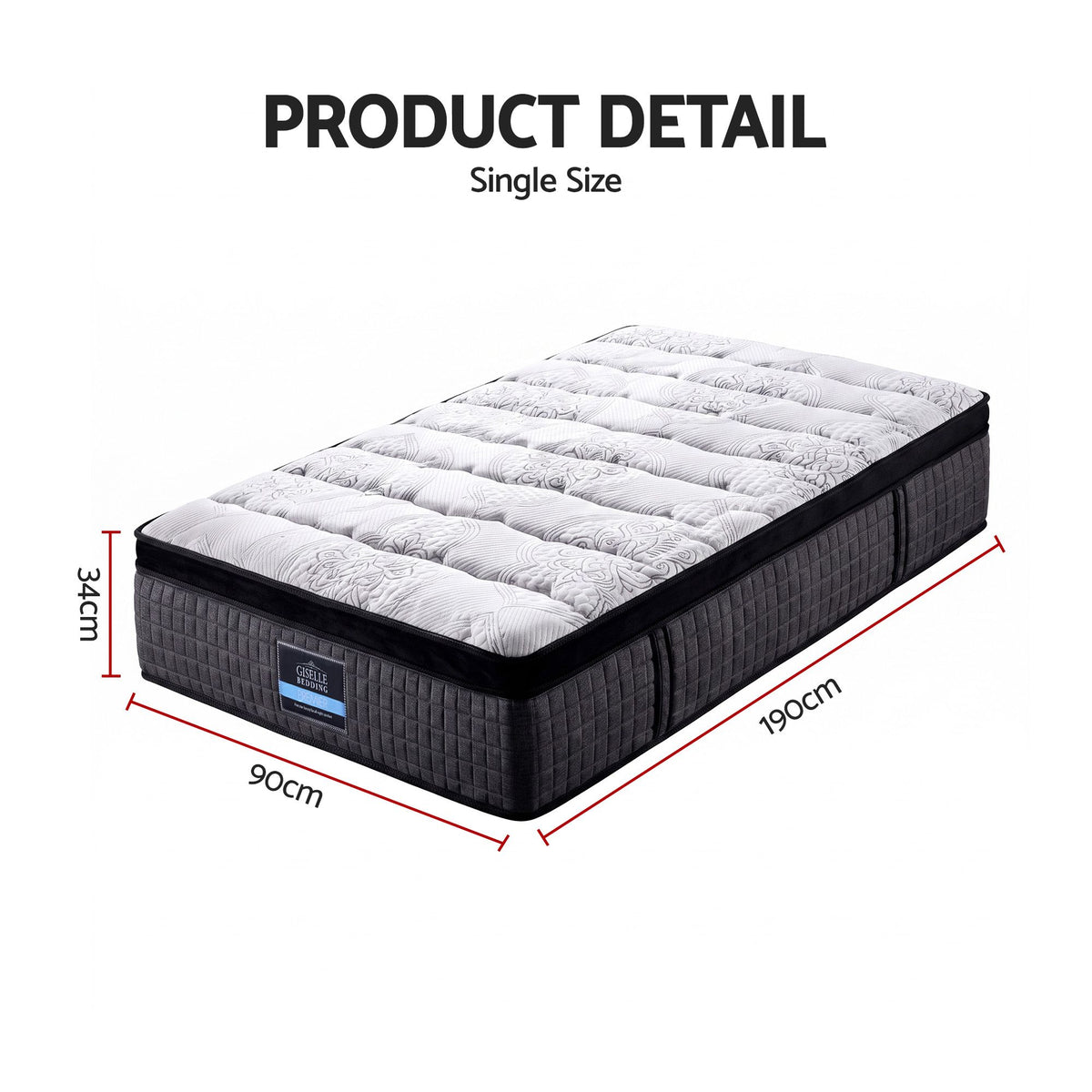 Single Bed Mattress 9 Zone Pocket Spring Latex Foam Medium Firm 34cm