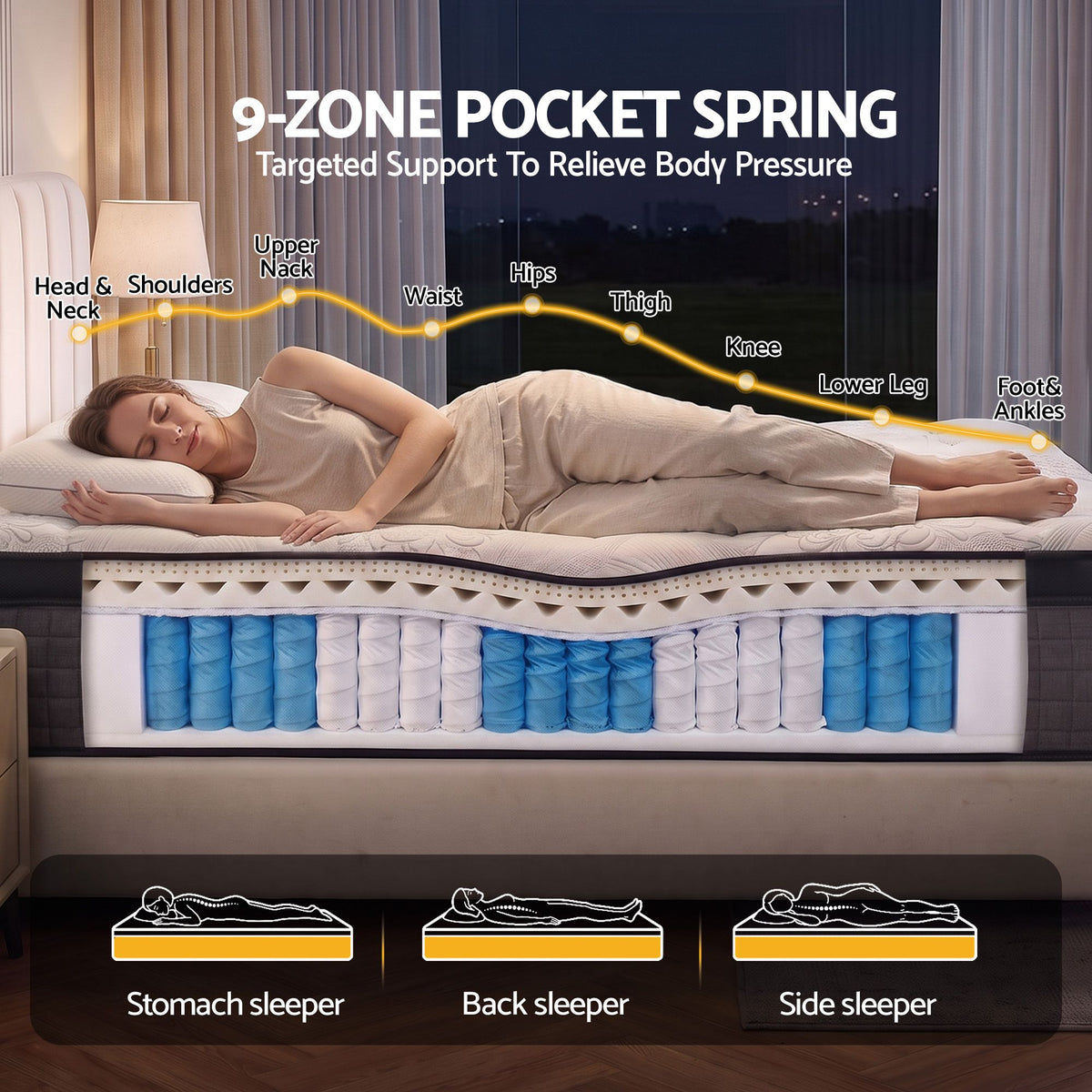 Single Bed Mattress 9 Zone Pocket Spring Latex Foam Medium Firm 34cm