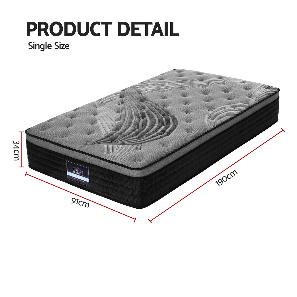 Bedding Alanya Euro Top Pocket Spring Mattress 34cm Thick - Single