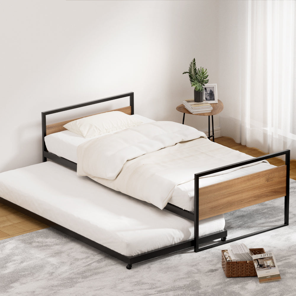 Bed Frame 2x Single Size Metal Trundle Daybed - DEAN