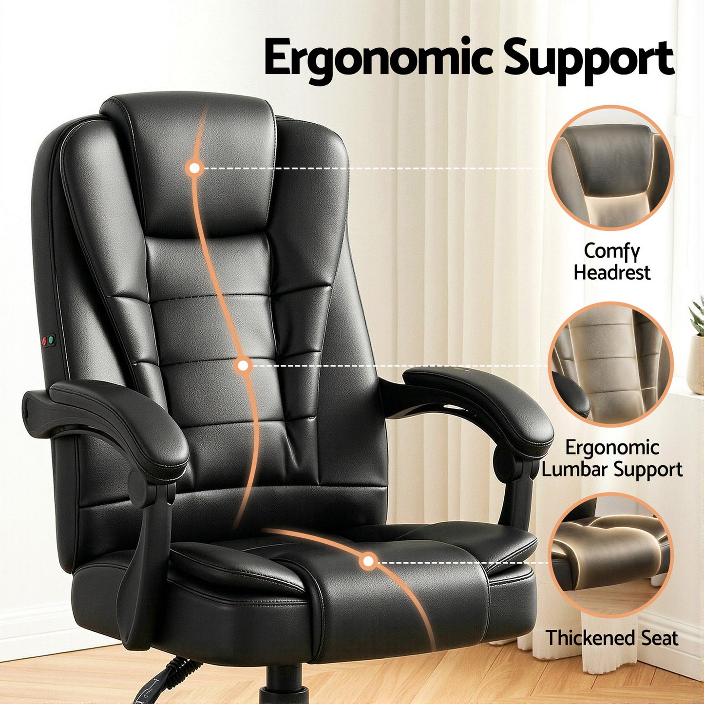 Black leather office chair with massage PU recliner computer