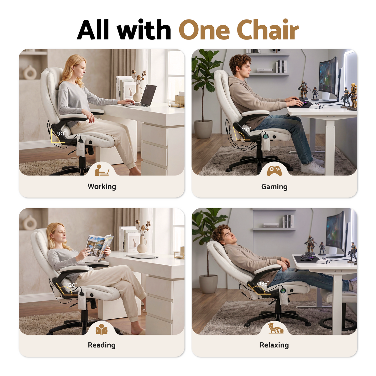 Reclining Massage Chair 8-Point PU Leather, White