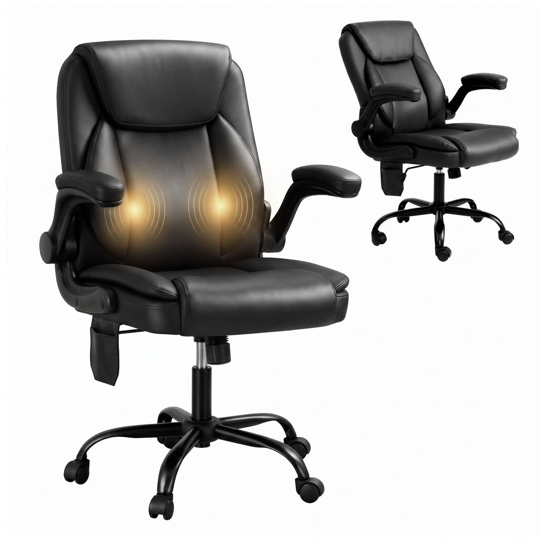 Massage Office Chair 2 Point Leather Mid Back - Black
