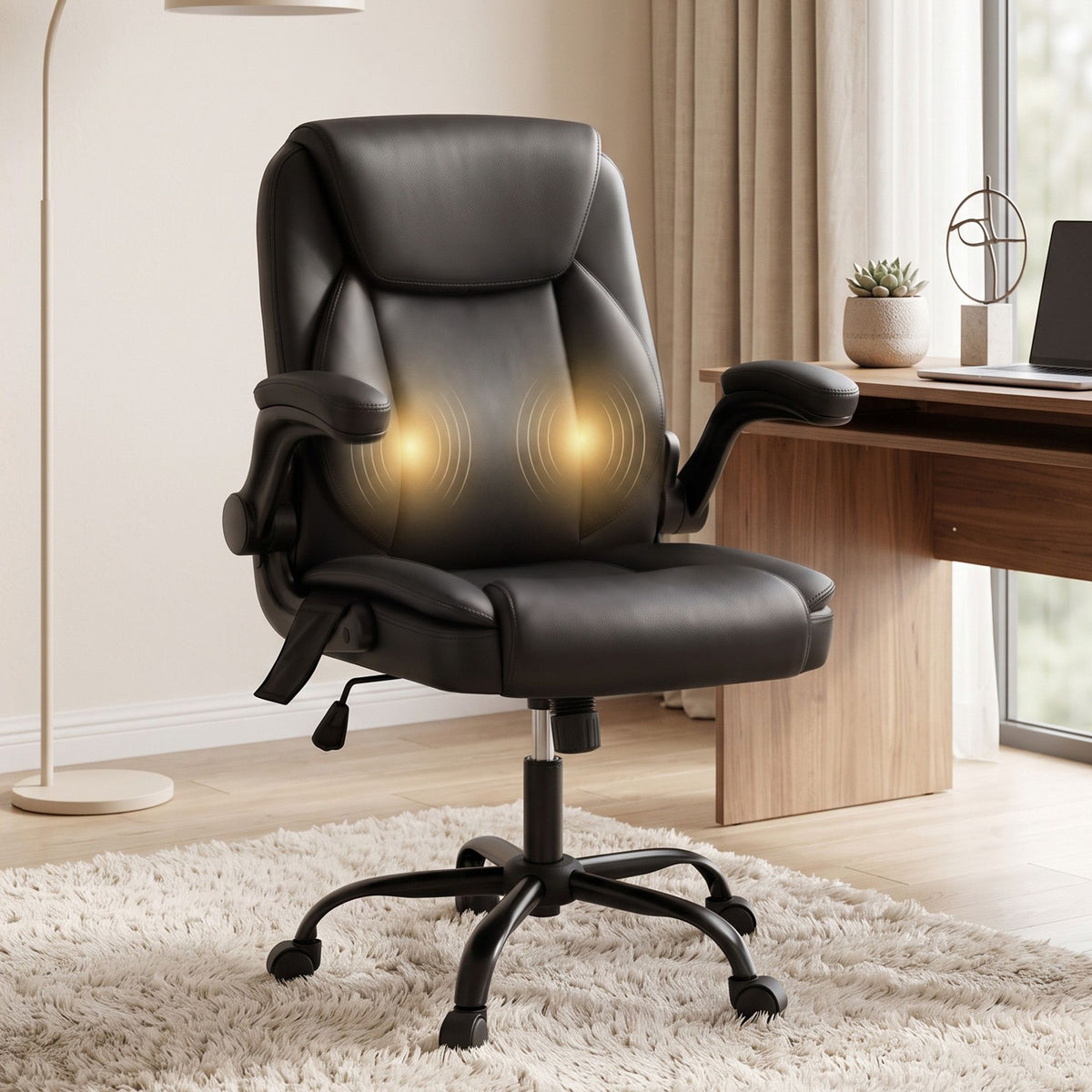 Massage Office Chair 2 Point Leather Mid Back - Black