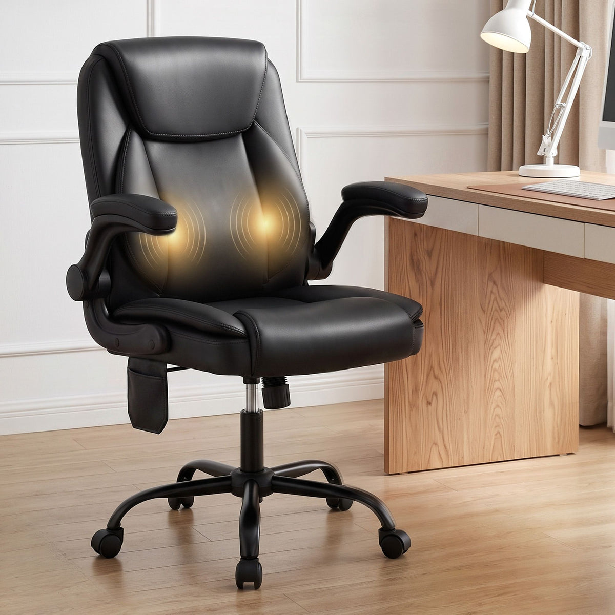 Massage Office Chair 2 Point Leather Mid Back - Black