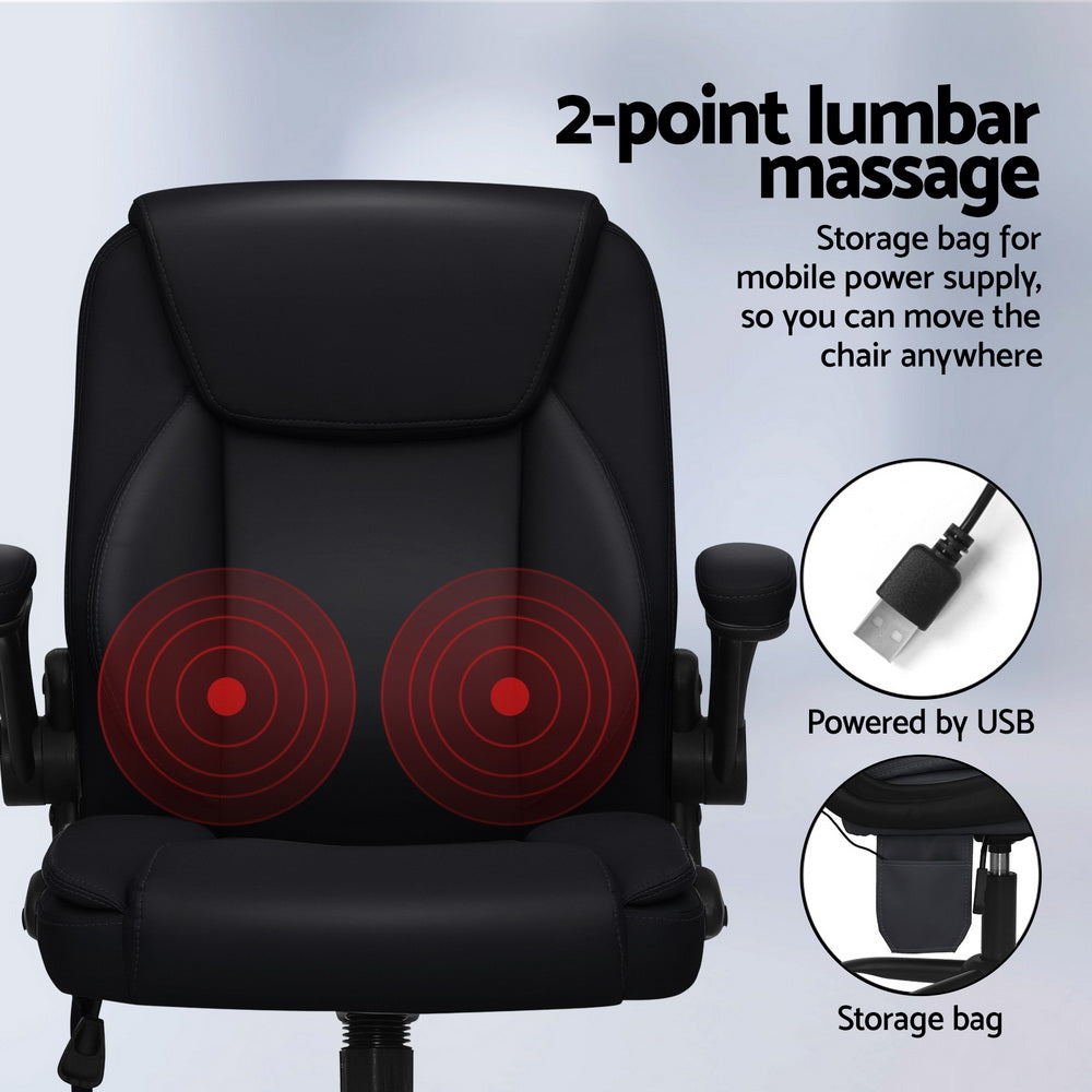 Massage Office Chair 2 Point Leather Mid Back - Black