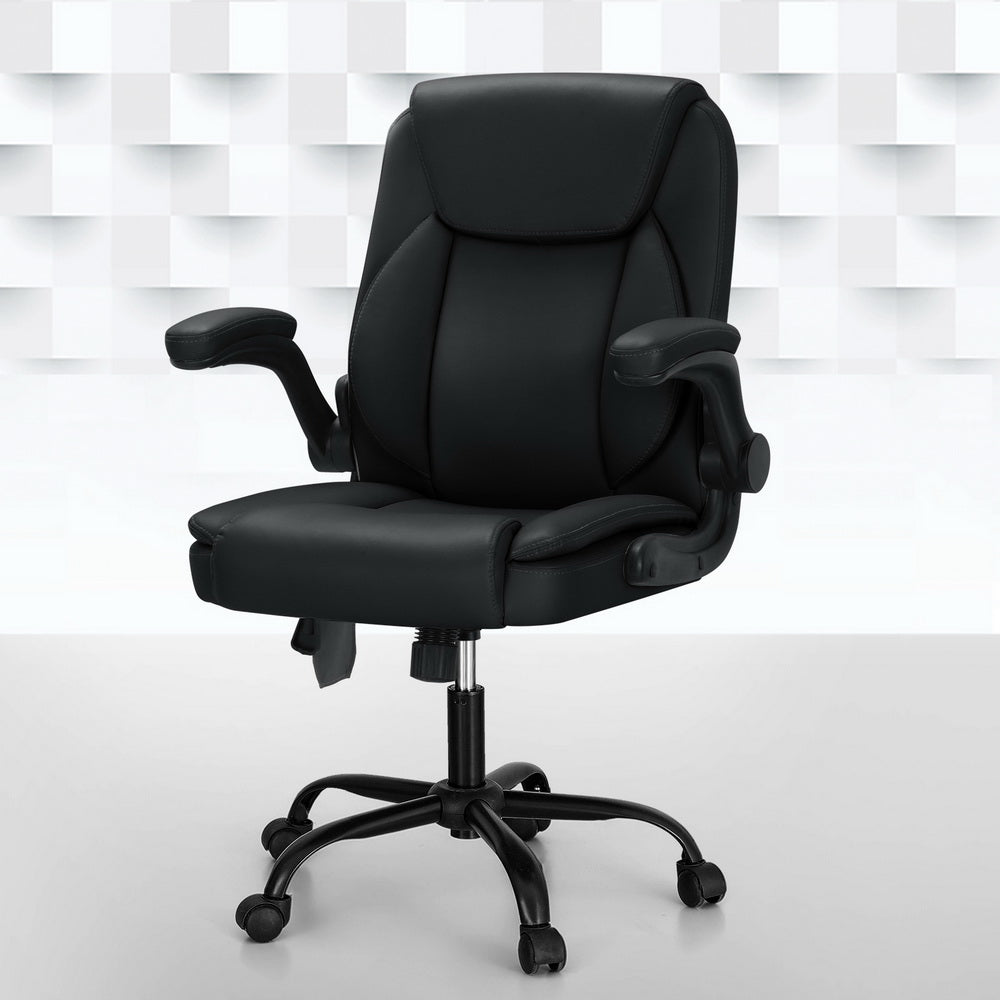 Massage Office Chair 2 Point Leather Mid Back - Black